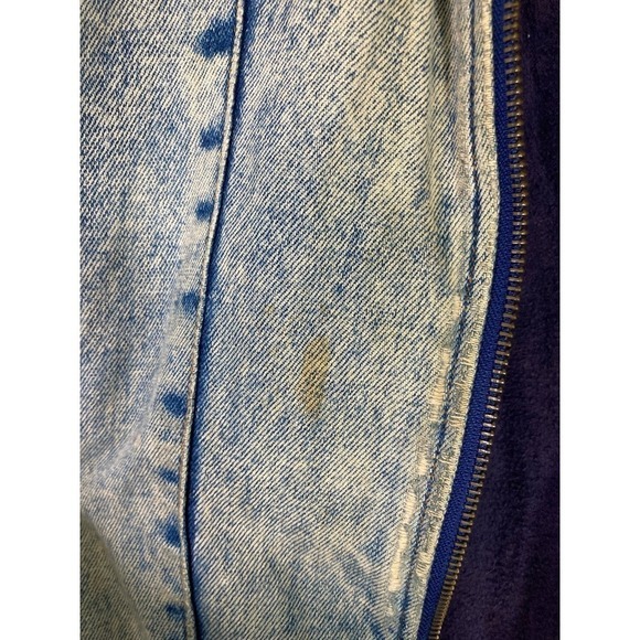 Vintage TRIM Sherpa Lined Acid Wash Denim Bomber Jacket Men’s L Aviator Patch - Picture 15 of 16